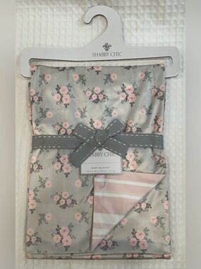 NWT SHABBY CHIC By Rachel Ashwell Pink & Floral Reversible Baby Blanket~30”x 40”